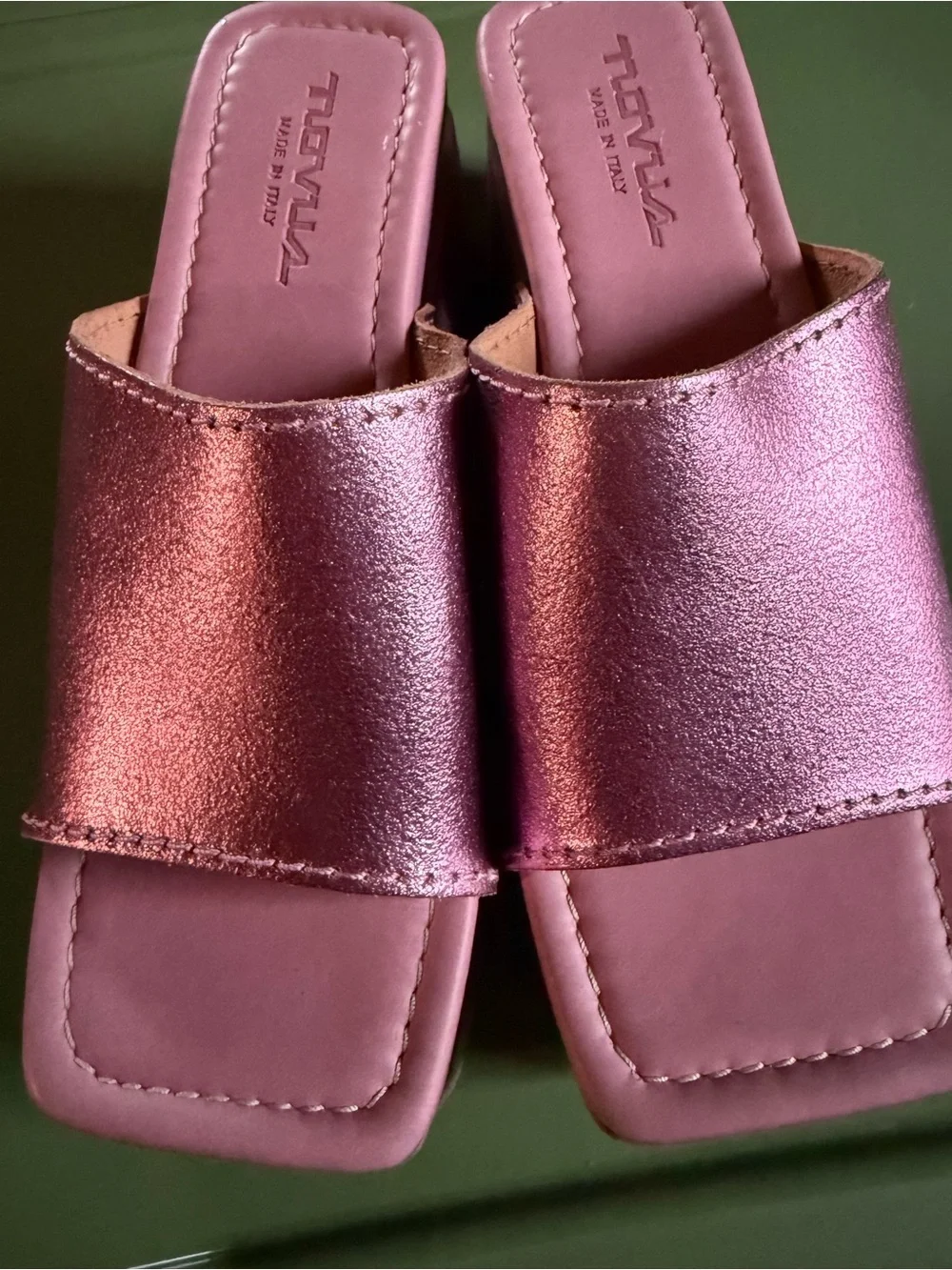 Novus Pink Leather Metallic Platform Slide Sandals